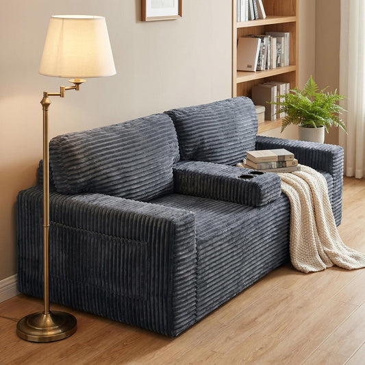 91.7" No-Leg Compression Sofa, Plush Corduroy  with Built-in Cup Holders and Side Storage Pocket for Living Room