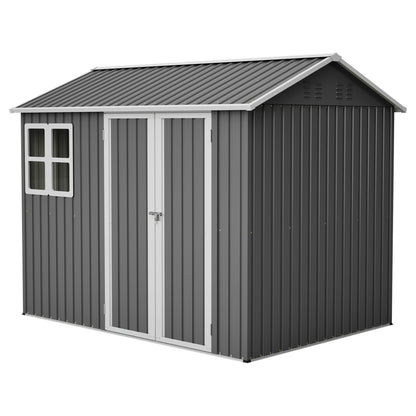 8'x6" Large Steel Storage Shed with Window, Lockable Doors & Sloped Roof, Heavy Duty Outdoor Tool Shed, Lawn - Dark Gray