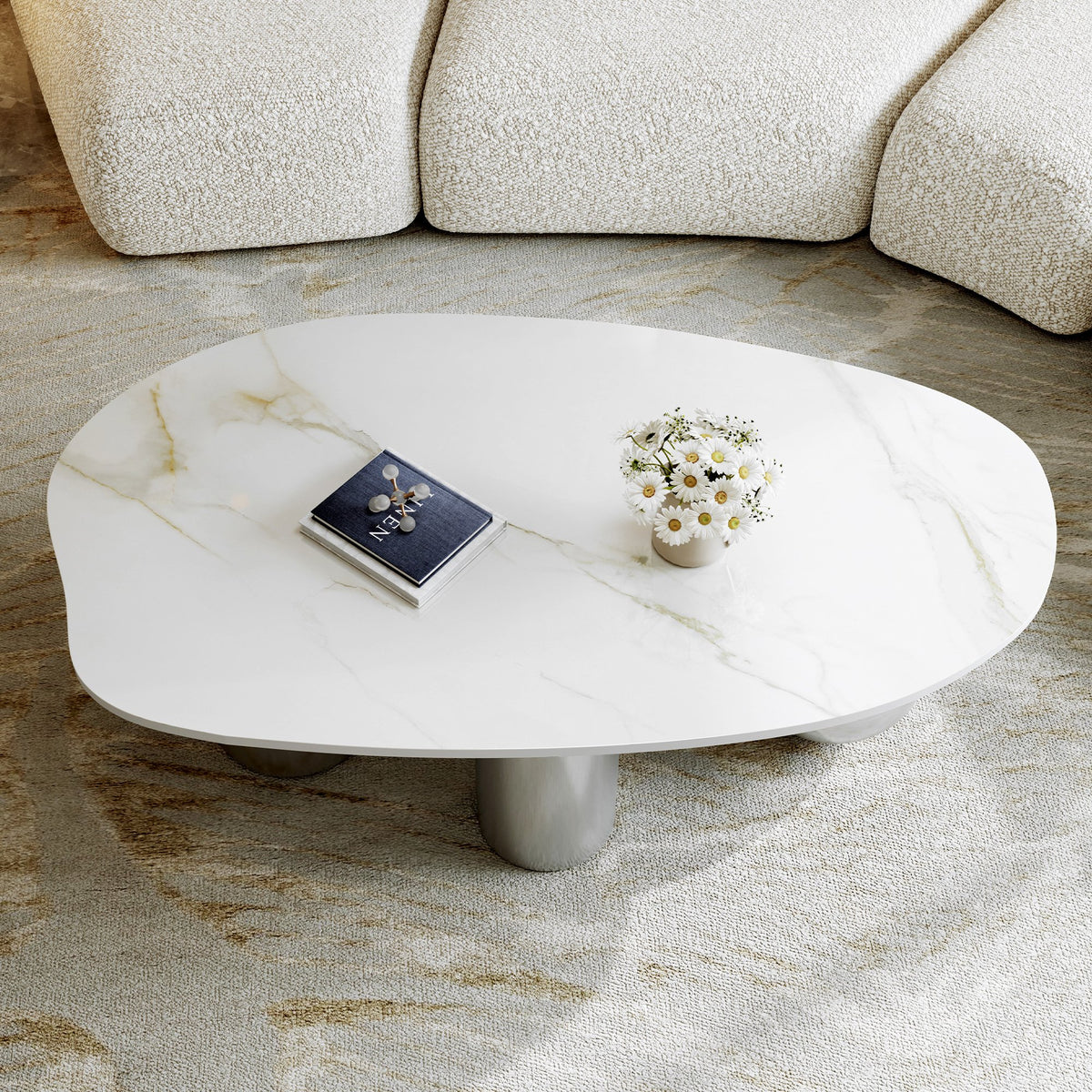 49.2" Free Form Faux Marble Coffee Table, Modern Minimalist Living Room Center Table with Stainless Steel Sphere & Cylinder Legs