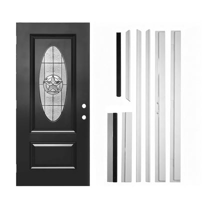 36"x80" Fiberglass Front Door with White 4-9/16" PVC Frame,Left-Hand Inswing Exterior Door with Brickmould,Brushed Smooth skin with Oval Decorated glass for Home Entrance, Black