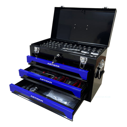 20'' Portable 3-Drawer Steel Toolbox, 4 Layers of Tools with Metal Latches, with Top Storage Tray and carrying Handle – Blue