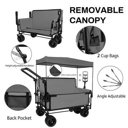 3-in-1 Folding Wagon Cart with Bench Seat & Canopy & Storage, 500lbs Heavy-Duty, 180L Capacity, All-Terrain Wagon for Camping, Beach, Sports, & Garden, Gray