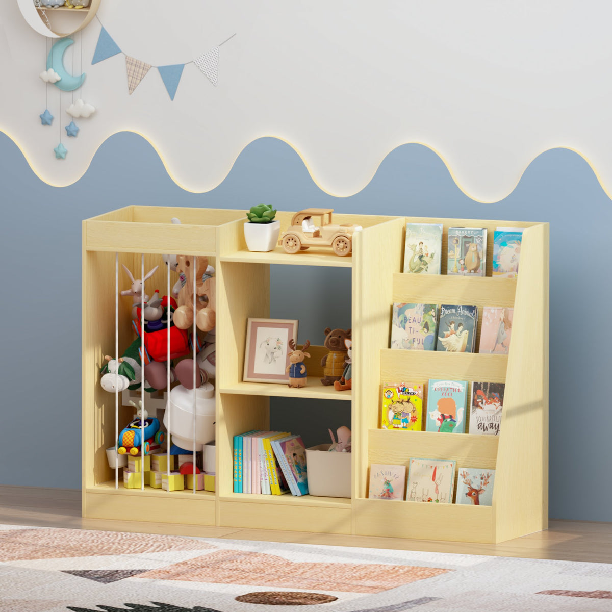 3-in-1 Kids Bookshelf and Toy Storage, 4-Tier Book Shelf for Kids Rooms, Sling Baby Bookcase with Stuffed Animal Storage, Toddler Montessori Bookshelf for Nursery, Playroom, Kindergarten, Natural