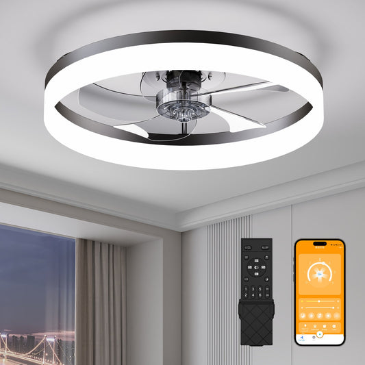 19.7'' LED Ceiling Fan Light with Remote & App Control, 6 Speeds, Dimmable, 3000K-6500K, Flush Mount BLACK Fandelier for Bedroom