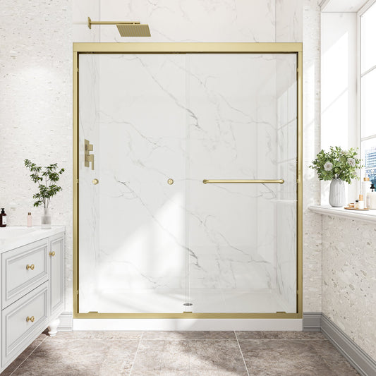 55'-60" W x 72" H Brushed Gold Reversible Installation Double Bypass Sliding Shower Door, Aluminium Alloy Frame