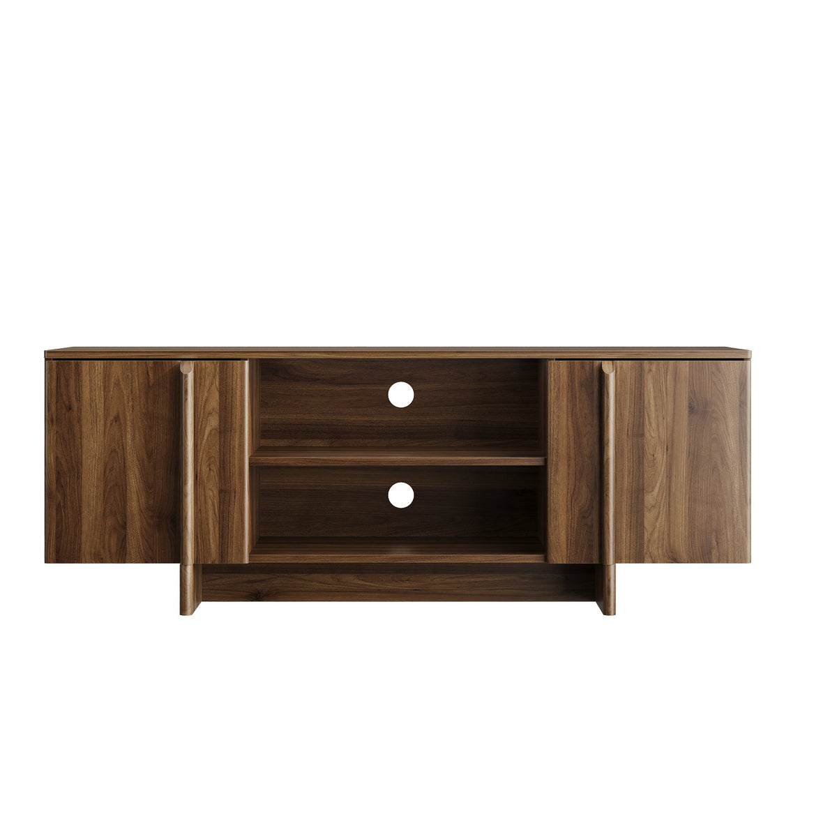 55-Inch Mid-Century Modern Farmhouse TV Stand & Living Room Storage Cabinet – Entertainment Center with Cable Management, Double Doors, and Open Shelving (Fits TVs up to 48 Inches) – Walnut Finish
