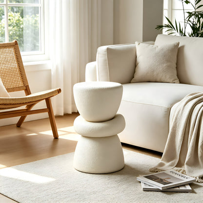 16.14''×13.78''×21.65'' Stacked Organic Sculptural Side Table, Cream Textured Round Fiberglass Accent End Table for Living Room Sofa Corner, No Assembly Required.
