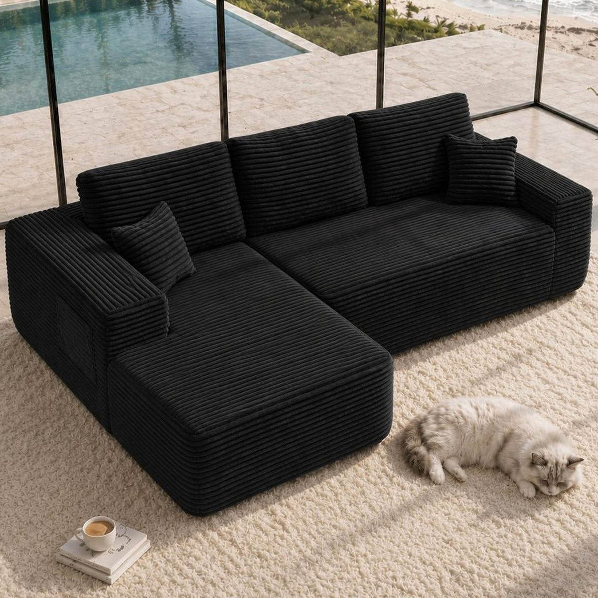 104" Cloud Sectional Sofa with L-Shape Chaise and Side Pockets, Modern Modular Design, Deep Seating, Upholstered Couch – Black