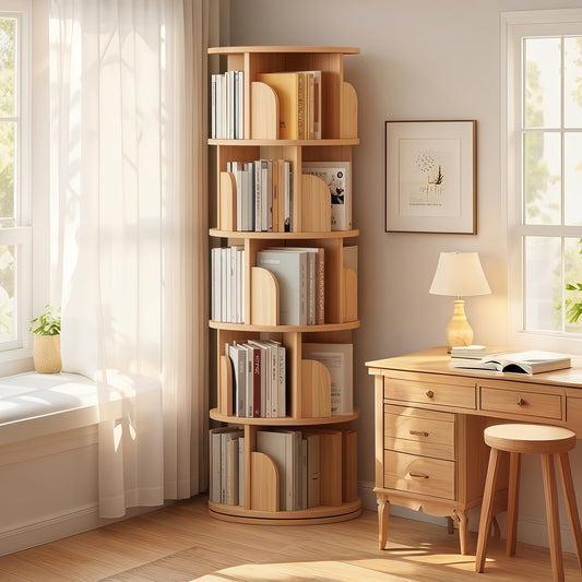 5 Tier Rotating Bookshelf, 360° Display Round Spinning Bookshelf, Space-Saving, Small Space Rotating Bookshelf Tower, Wood Color