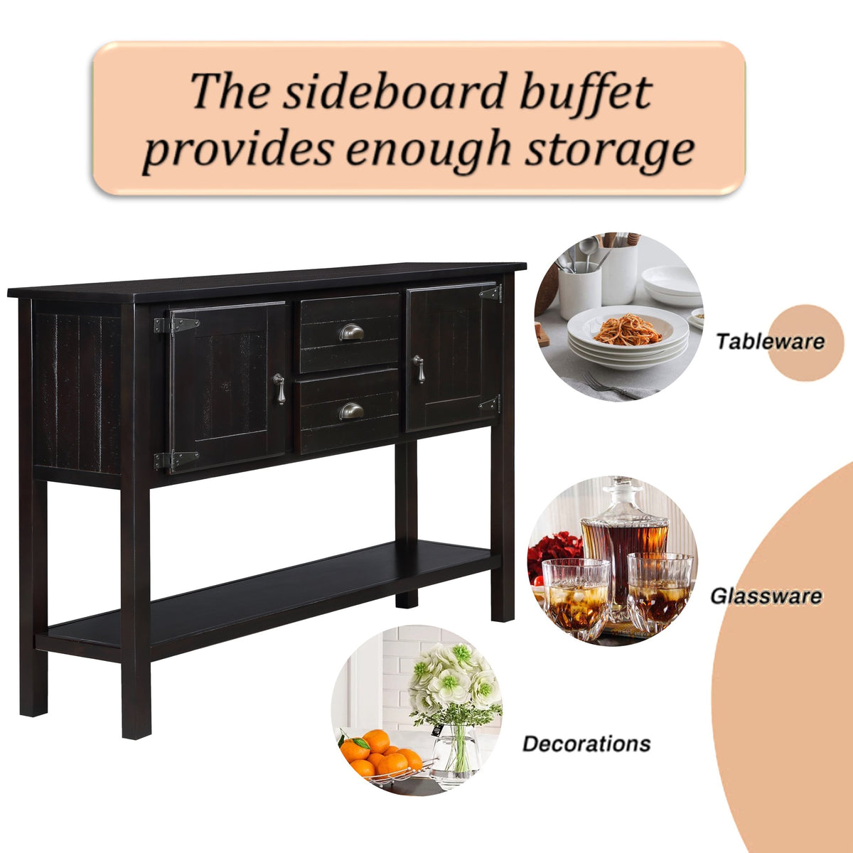 48'' Solid Wood Sideboard Console Table with 2 Drawers and Cabinets and Bottom Shelf