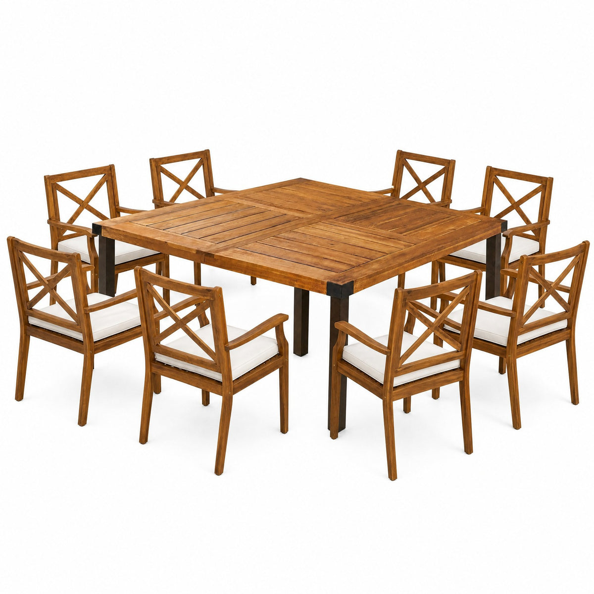 9‑Piece Acacia Wood Outdoor Patio Dining Set, 64" Square Teak Finish Wooden Table with X‑Back Arm Chairs and Cream Cushions, Patio Furniture for Backyard Garden Deck