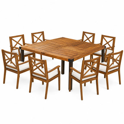 9‑Piece Acacia Wood Outdoor Patio Dining Set, 64" Square Teak Finish Wooden Table with X‑Back Arm Chairs and Cream Cushions, Patio Furniture for Backyard Garden Deck