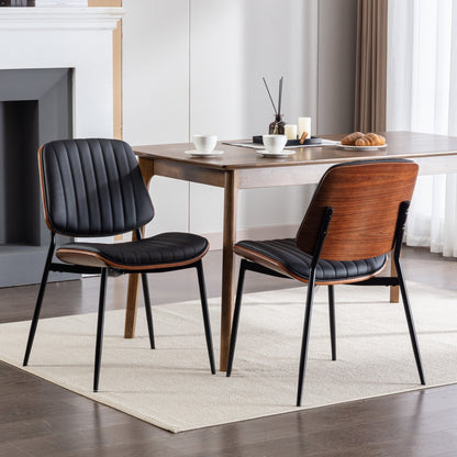 A&A Furniture, Dining Chairs Set of 2 Mid Century Modern Retro Faux Leather Chair with Walnut Bentwood Back Upholstered Seat Metal Legs – Black