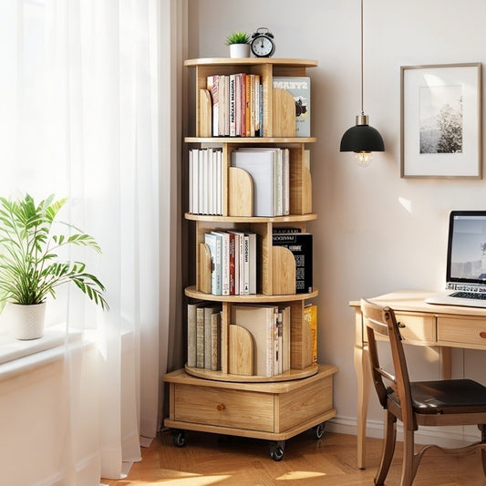5 Tier Rotating Bookshelf, 360° Display Round Spinning Bookshelf with Wheels, Space-Saving, Small Space Rotating Bookshelf Tower, Wood Color