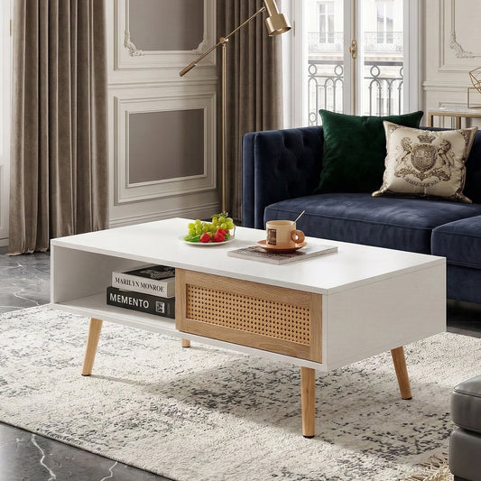 41.34" Rattan Coffee table, sliding door for storage, solid wood legs, Modern table  for living room ,White
