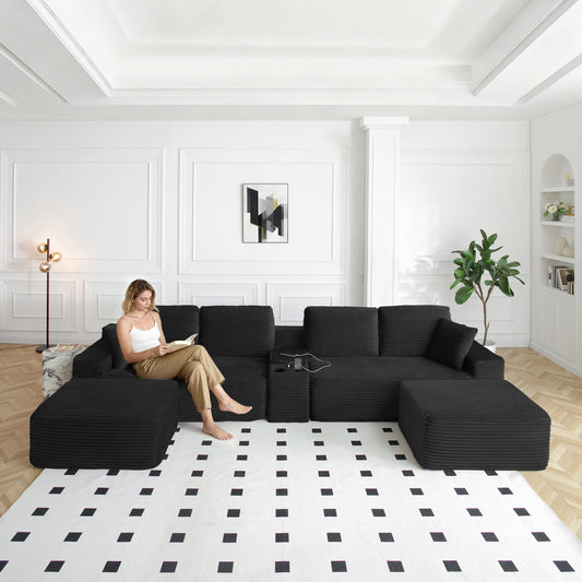 125'' Sectional Sofa With Two Ottomans, Cloud Couch with Deep Seat,U-Shape Sofa with Cup Holders and USB Ports ,Upholstered Corduroy Couches for Living Room,Black