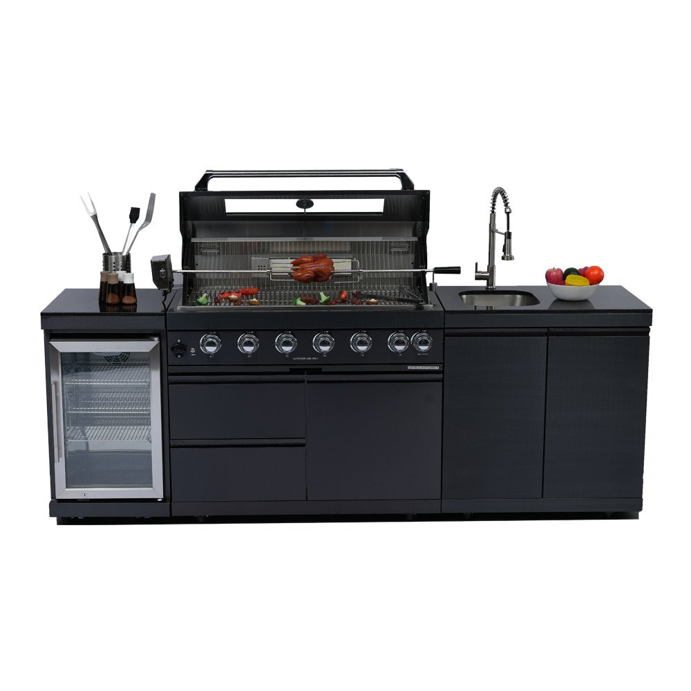43-Inch 6-Burner 85000 BTU Deluxe Stainless Steel Gas Outdoor Kitchen Bar Barbecue Island Grill + Wine Cooler Compact Refrigerator + Rotisserie kit + Granite Countertops + Stainless steel Sink