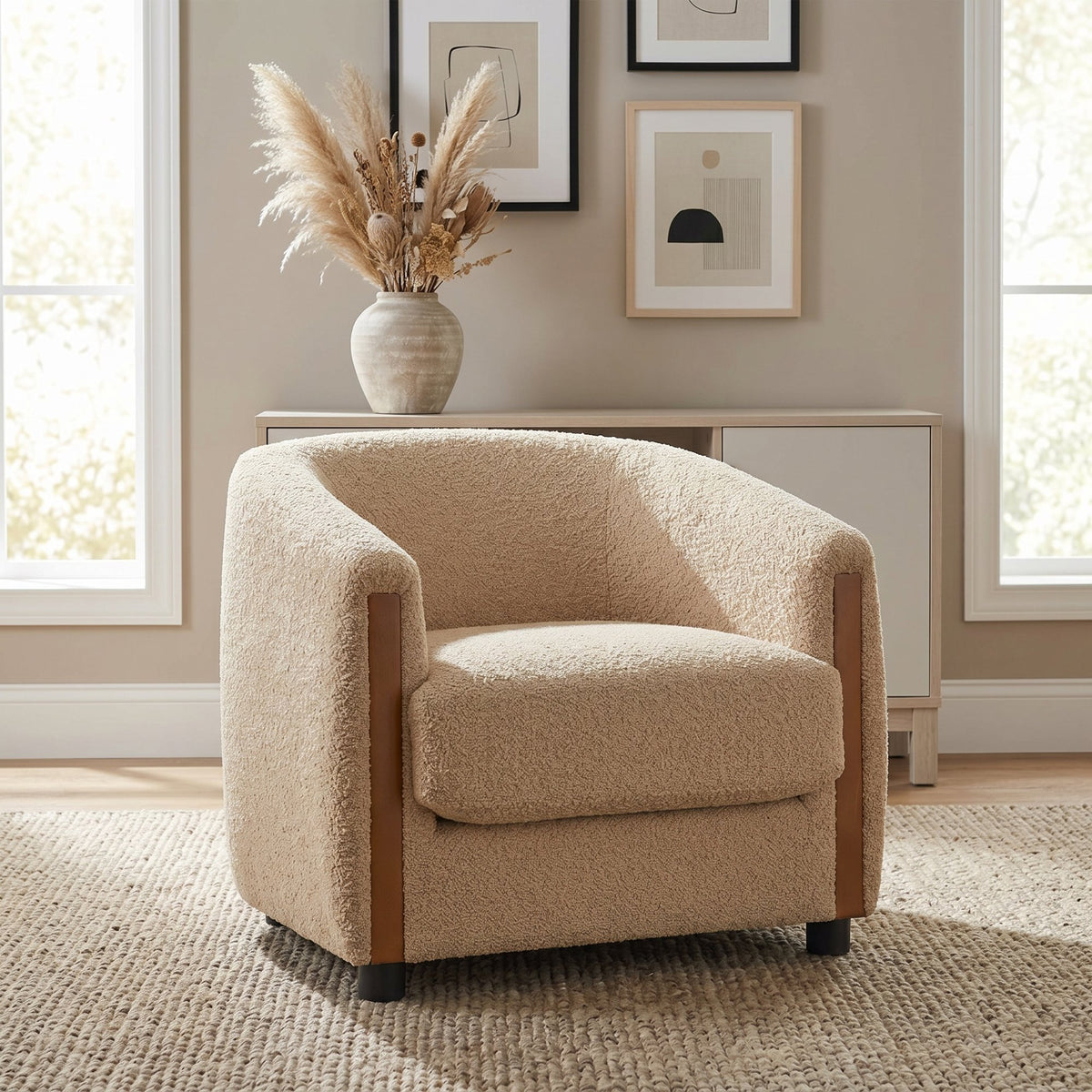 31.8" Modern Curved Barrel Accent Chair with Vertical Solid Wood Side Panels, Plush Textured Teddy Fleece Upholstered Armchair, Removable Seat Cushion Lounge Chair for Living Room Bedroom Entryway