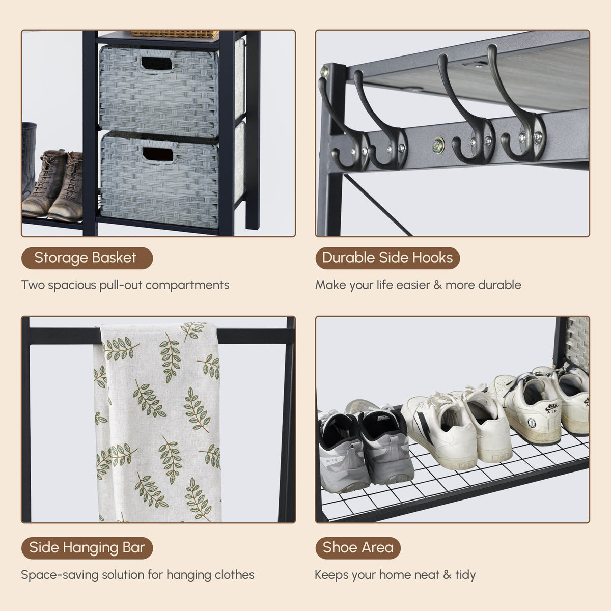 Acacia Wood Garment Racks with Shelves 2 Wicker Drawers and 4 Hooks Heavy Duty Closet Organizer for Hanging Clothes, Freestanding Closet Wardrobe Rack, Light Gray