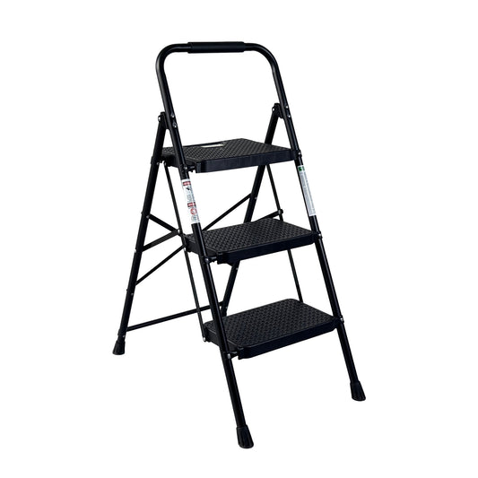 3 Step Ladder, Folding Step Stool with Wide Anti-Slip Pedal, Sturdy Steel Ladder, Lightweight, Portable Steel Step Stool