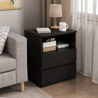 (Set of 2)End Table with Fast USB C Charging Station, Sofa Side Table with 2 Drawers, Large Storage Modern Wood Storage Cabinet, Black