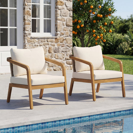 Acacia Wood Outdoor Patio Club Chair with PE Wicker Backrest & Cushions(Set of 2) – Modern Accent Armchair for Balcony, Poolside, and Sunroom