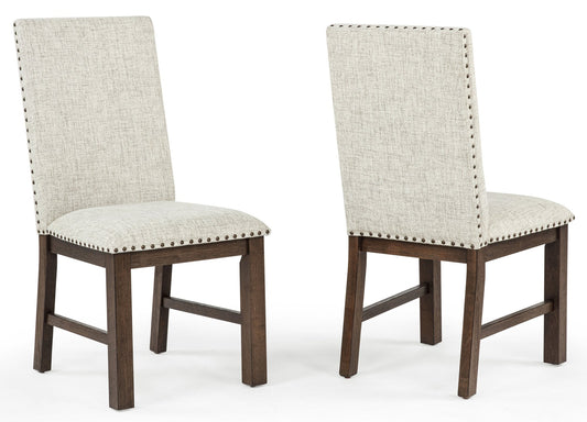 2pc High-Back Chairs  Upholstered Neutral Linen-Look Fabric Tufted Nailhead Trim  Deep Espresso Brown Finish Dining Room Wooden Furniture Brown