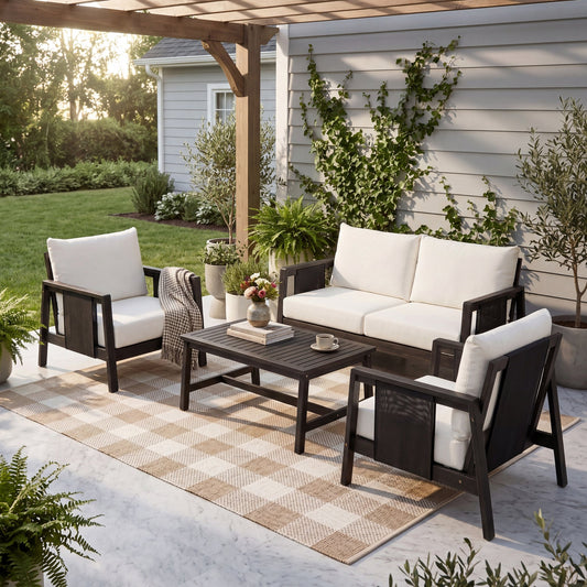 4-Pieces Outdoor Sofa Set with Cushions Outdoor Loveseat & Coffee Table Set – Acacia Wood Frame with Black Textilene, Water-Repellent White Cushions (Dark Grey Finish) for Patio/Backyard/Deck