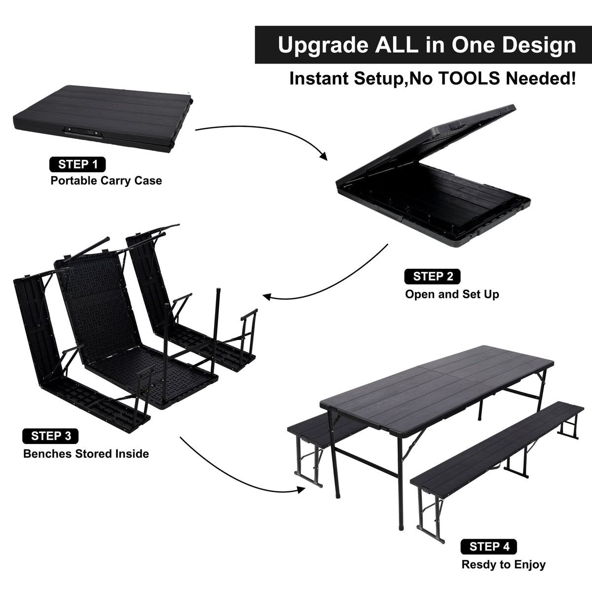 70Inch Portable Folding Picnic Table Set with 2 Benches,3‑Piece Indoor Outdoor Folding Furniture Set,Wood Grain Tabletop for Camping,Backyard Party,Picnic,Wedding Gatherings,Black