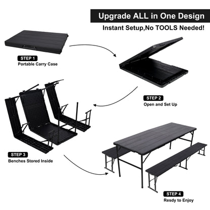 70Inch Portable Folding Picnic Table Set with 2 Benches,3‑Piece Indoor Outdoor Folding Furniture Set,Wood Grain Tabletop for Camping,Backyard Party,Picnic,Wedding Gatherings,Black