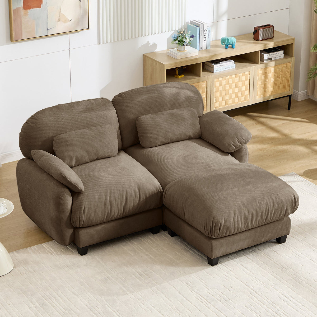 2 Seater L-Shaped Cloud Feel Sofa with Removable Ottoman, Cozy Chenille Modular Couch Set, Deep Seat Free Combination Furniture for Small Living Room, Brown