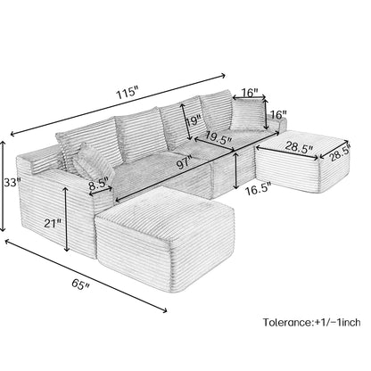 115" Comfy U-Shaped Sectional Modern Boneless Corduroy Couch with Chaise ‌and Ottoman‌ - No Assembly Required! Deep-Seat, Upholstered Modular Cloud Sofa for Living Room, Plush Corduroy Fabric(Brown)