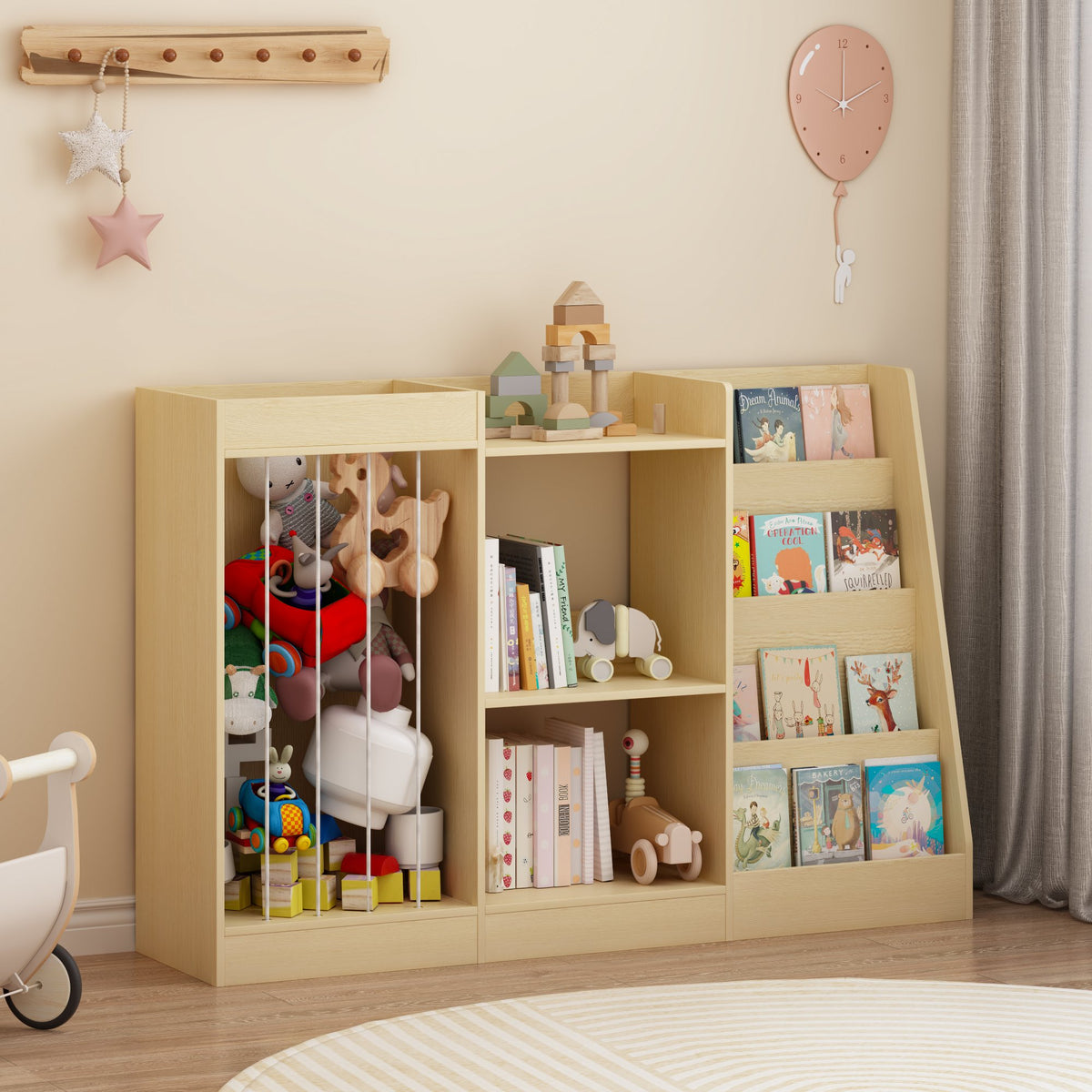 3-in-1 Kids Bookshelf and Toy Storage, 4-Tier Book Shelf for Kids Rooms, Sling Baby Bookcase with Stuffed Animal Storage, Toddler Montessori Bookshelf for Nursery, Playroom, Kindergarten, Natural