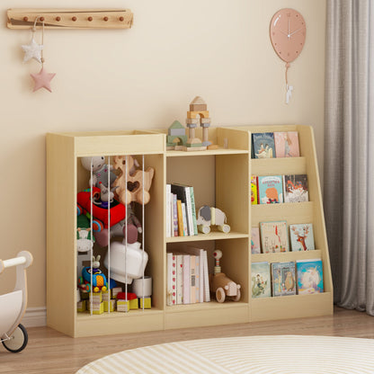 3-in-1 Kids Bookshelf and Toy Storage, 4-Tier Book Shelf for Kids Rooms, Sling Baby Bookcase with Stuffed Animal Storage, Toddler Montessori Bookshelf for Nursery, Playroom, Kindergarten, Natural