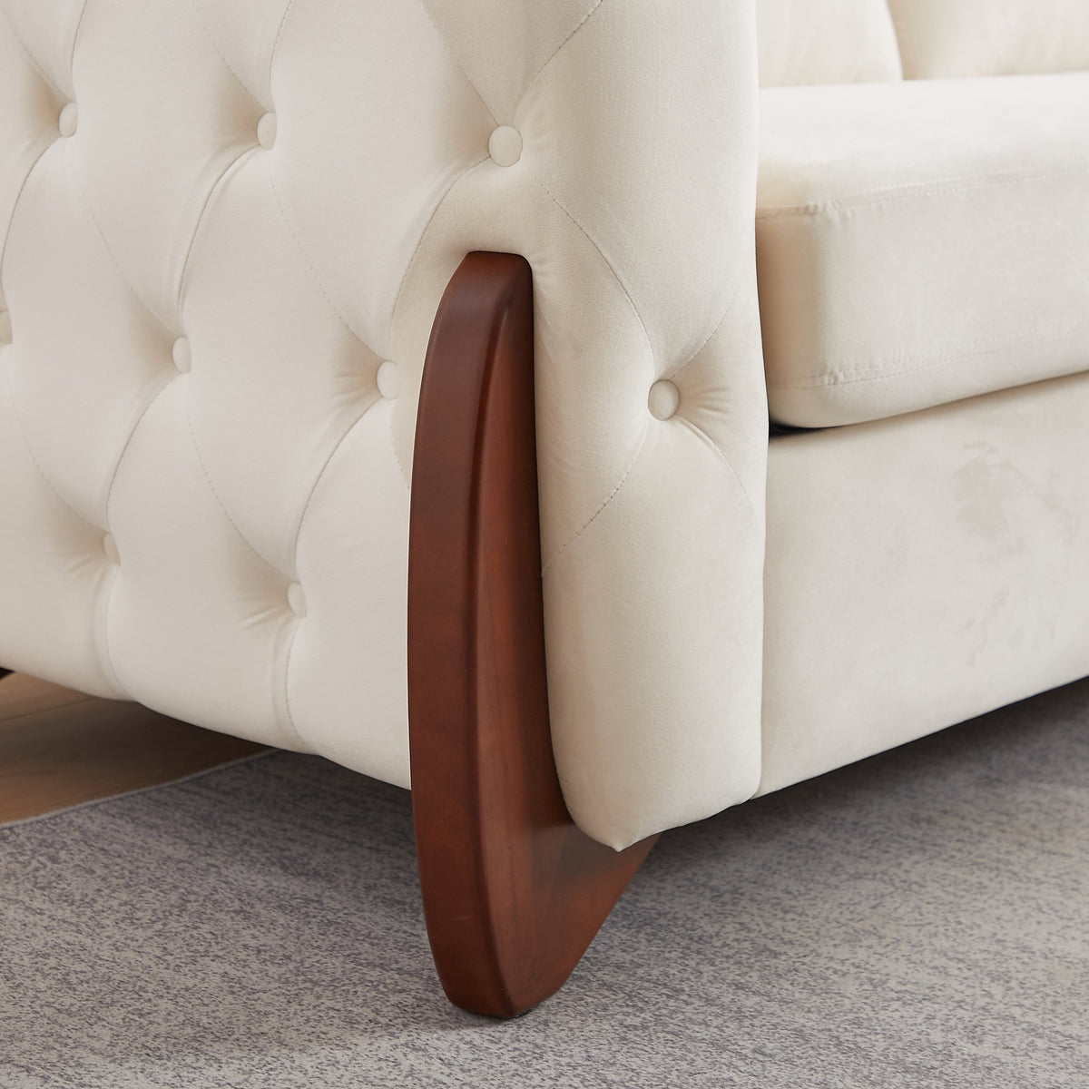 84-inch Classic Velvet Sofa With Button-tufted Detailing Features Curved Wooden Legs, Stylish Curved Armrests, Two Back Cushions, and Two Seat Cushions for the living room.