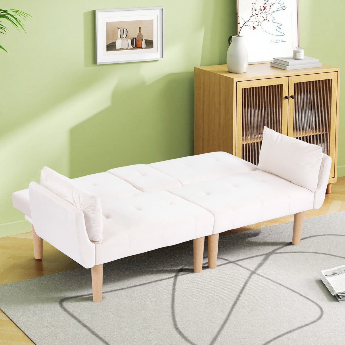 72 Inch Foldable Beige Double Sofa, Soft Velvet Upholstery, Comfortable Leisure 2‑Person Couch for Living Room Apartment.