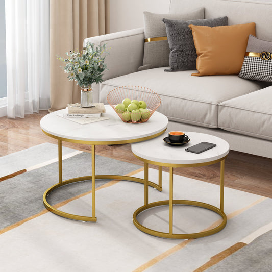 27.6in Nesting Coffee Table Set of 2, Round Coffee Table Wood Marble Pattern Top with Sturdy Metal Frame - White