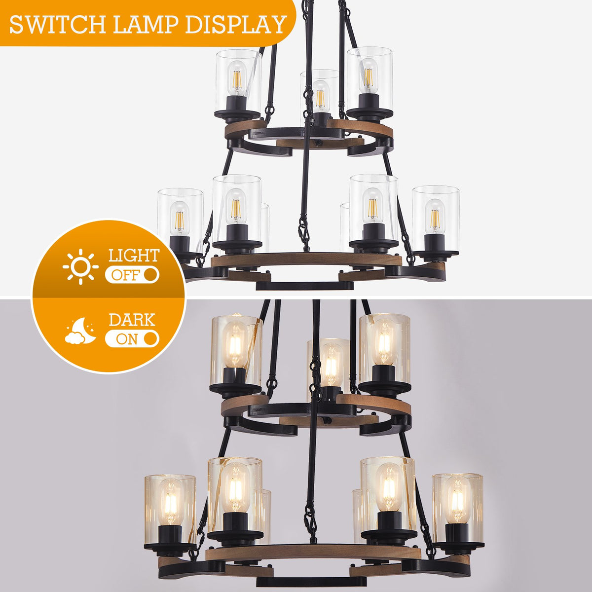 9-Light Vintage Wagon Wheel Chandelier, Rustic Farmhouse Black Wood Ceiling Light, Adjustable Height for Dining Room Living Room Entryway Kitchen