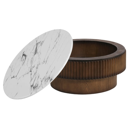 31.49'' Round Coffee Table with Storage, Modern Small Coffee Table with White Marble-Pattern Top & Solid Wood Fluted Base, Center Table for Living Room, Apartment, Office