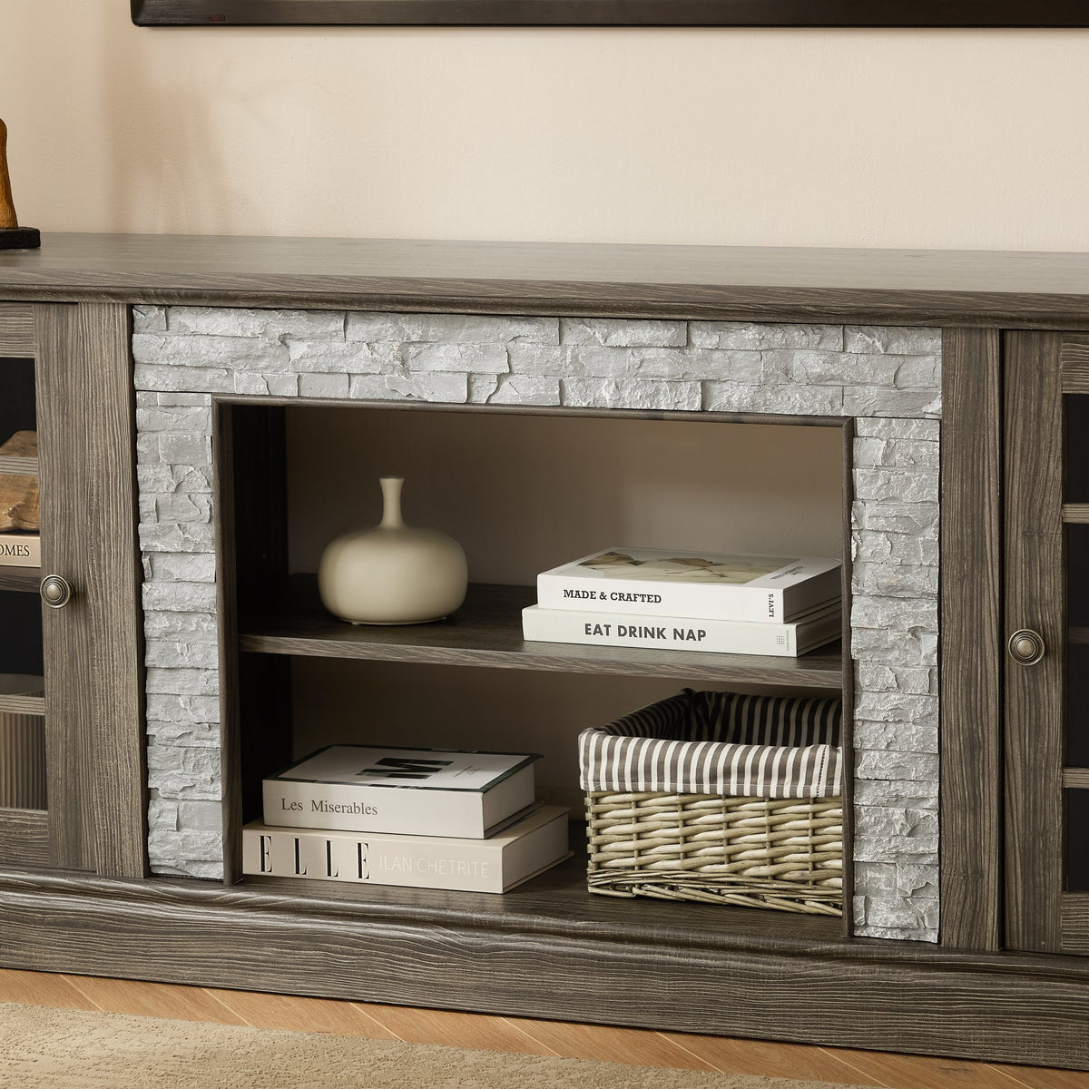 70" Modern TV Stand with 2-Door Storage, Faux Stone Media Console Cabinet, Grey Large Entertainment Center
