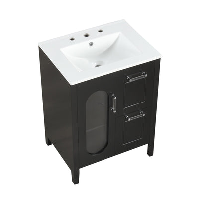 24" Bathroom Vanity with Sink, Bathroom Vanity Cabinet with Two Drawers and Door, Adjustable Shelf, Solid Wood and MDF, Black