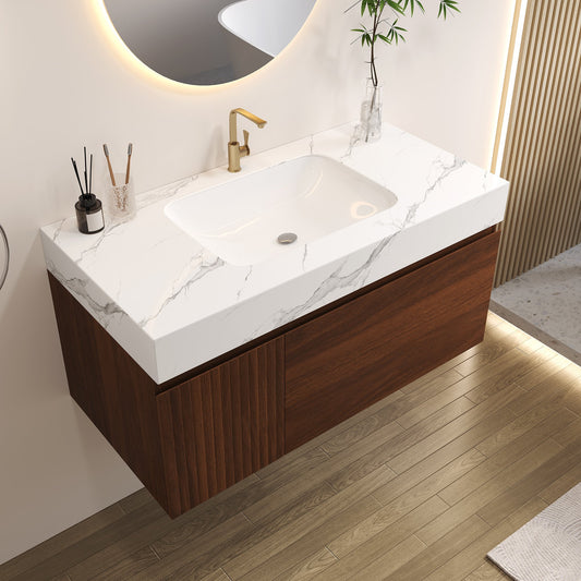 36" Floating Bathroom Vanity with Seamless Sintered Stone Top & Ceramic Basin – 1 Soft-Close Drawer + 1 Cabinet, Wall-Mounted