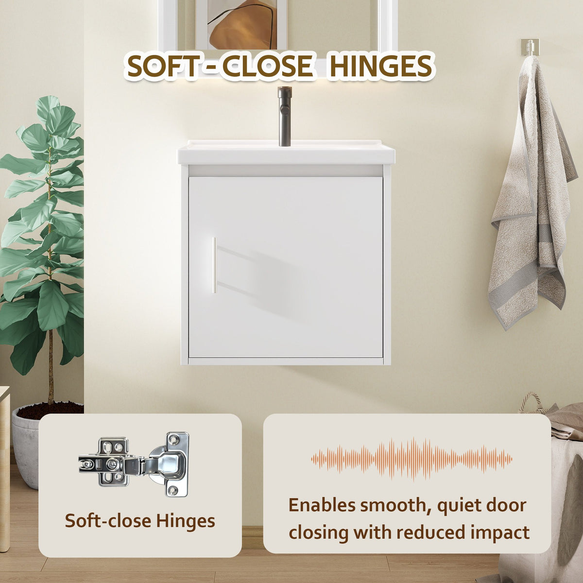 20" Floating Bathroom Vanity, Wall Mounted Plywood Cabinet with Ceramic Sink & Soft-Close Doors for Small Bathrooms, White