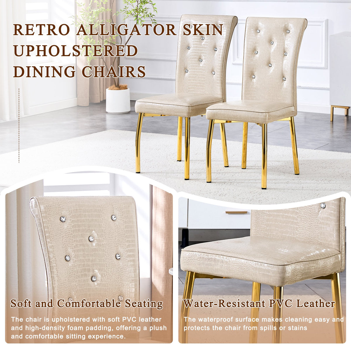 A set of 2 beige and gold vintage crocodile leather cushioned dining chairs, featuring crystal clasp design and artificial leather design, adding a touch of elegance and mystery to the dining area