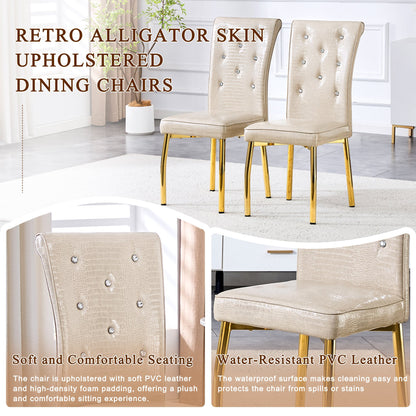 A set of 2 beige and gold vintage crocodile leather cushioned dining chairs, featuring crystal clasp design and artificial leather design, adding a touch of elegance and mystery to the dining area