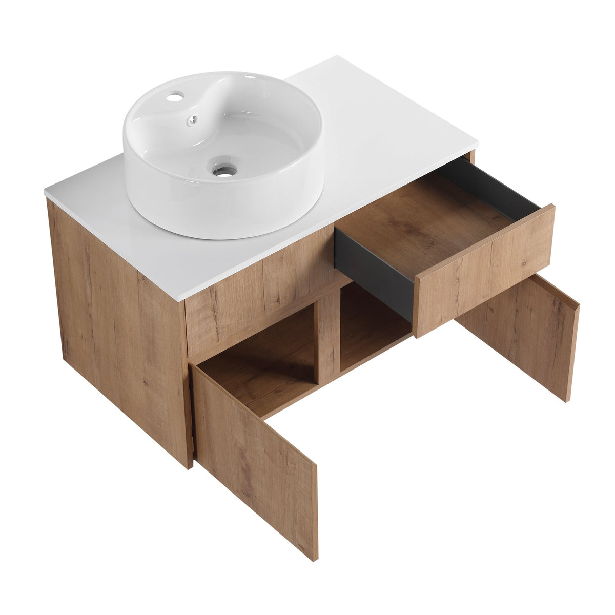 32(31-1/2") Inch Wall-Mounted Bathroom Vanity with Ceramic Art Sink and Countertop Flat Plate, 2-Soft Close Doors and 1-Drawer, KD-Packing, Plywood - BAB3098MOWH