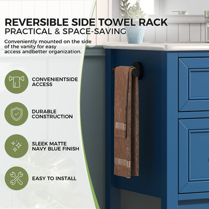30" Navy Blue Bathroom Vanity with Ceramic Sink – Freestanding Storage Cabinet with Tip-Out Drawer, 2 Drawers & Open Slatted Shelf, Reversible Side Towel Rack, Silver Handles, MDF