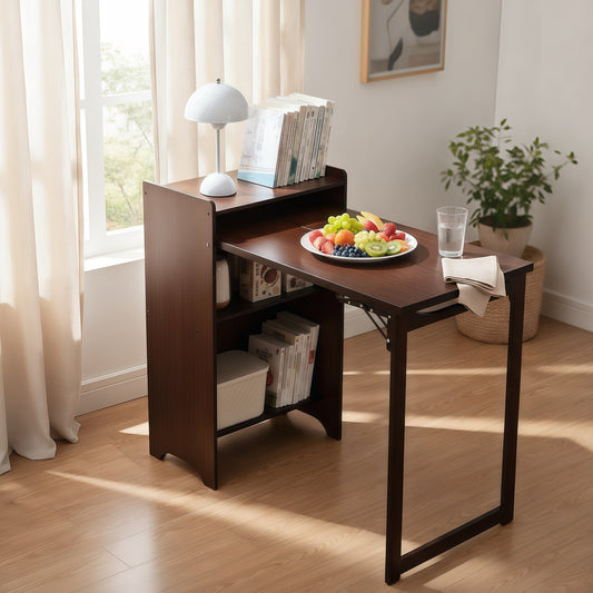 Bamboo Folding Desk, Foldable Desk, Computer Desk with Hidden Storage, Mid Century Foldable Table - Walnut Brown