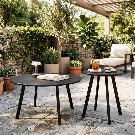 2-Piece Round Nesting Coffee Table Set, Modern Black Metal Side & End Tables, Space-Saving Accent Table Set, Indoor & Outdoor Use