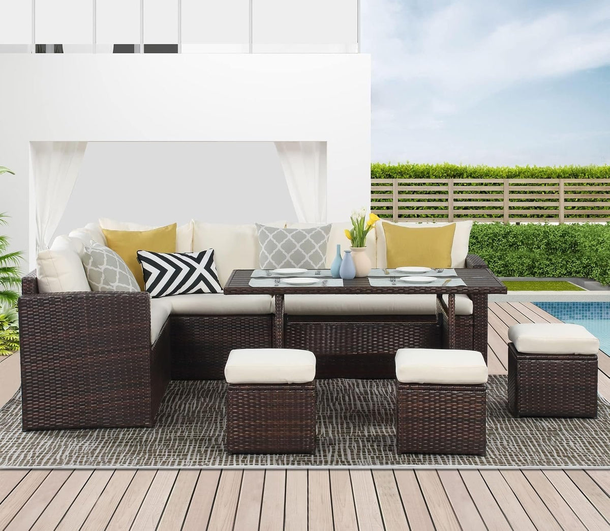 7 Piece Outdoor Wicker Patio Furniture Set, Rattan Sofa and Chairs with Coffee Table and Ottomans, Iron Frame, Brown Rattan, Beige Cushions, All-Weather